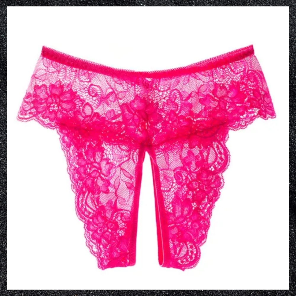 Pink Sheer Floral Lace Crotchless Panty